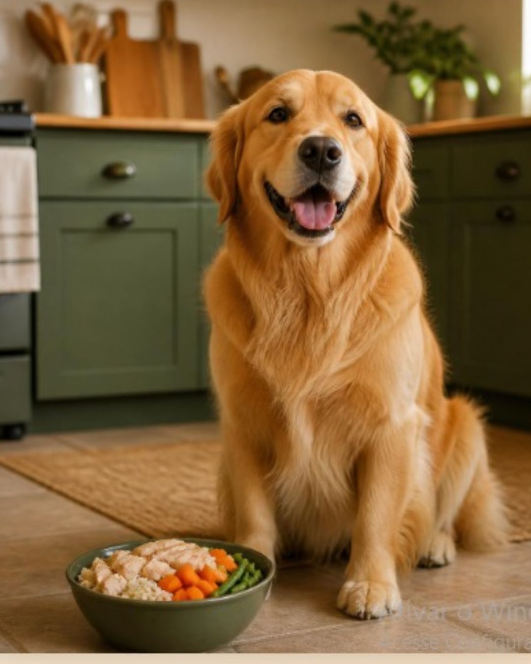 Cão golden retriever sentado ao lado de uma tigela com comida natural