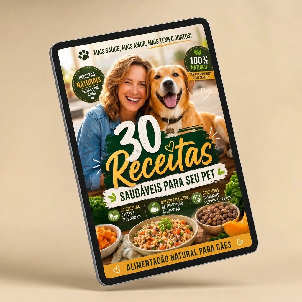 Capa do e-book 30 Receitas Saudáveis para seu Pet exibida em um tablet