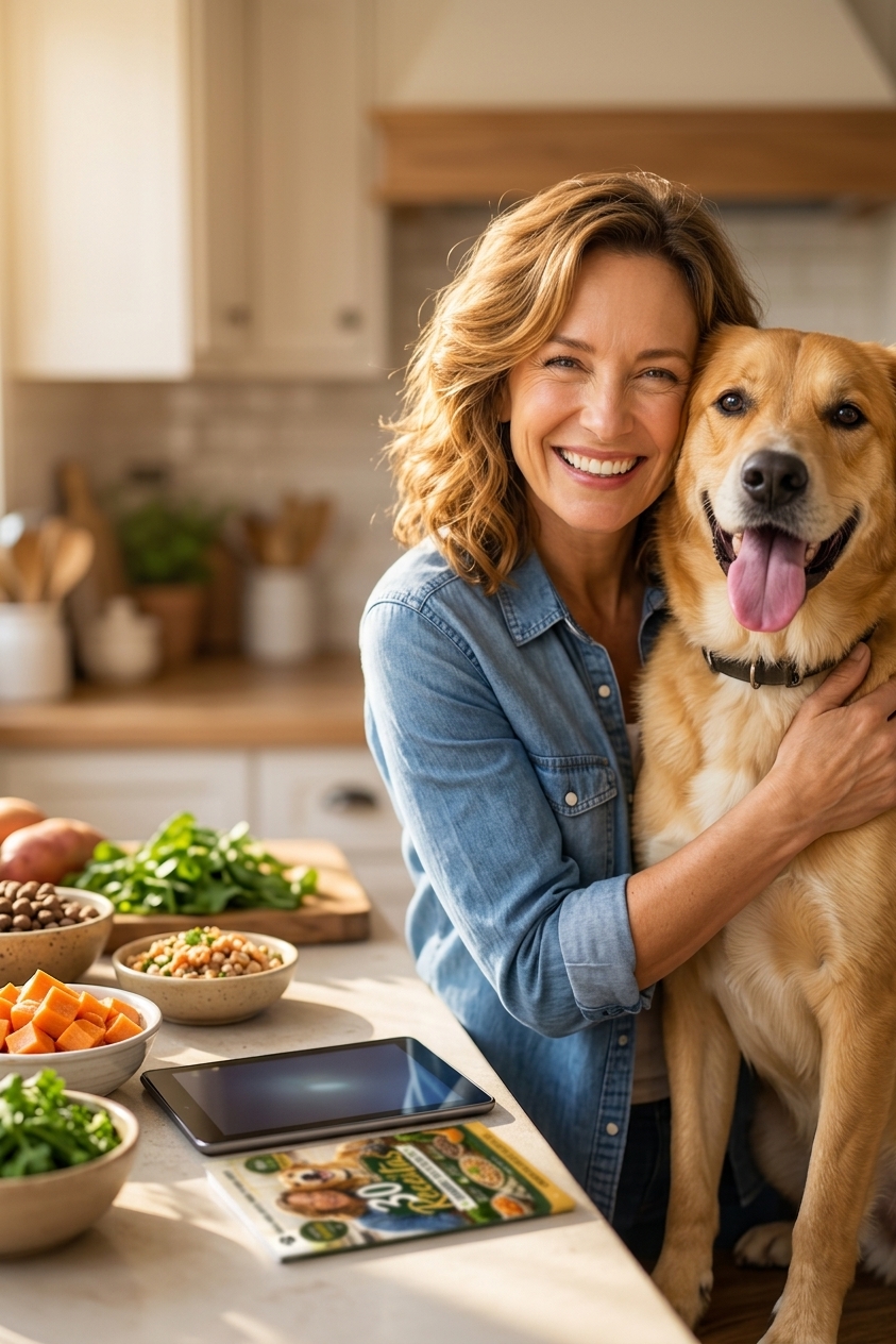 Tutora sorrindo abraçada ao seu cão em uma cozinha com ingredientes naturais