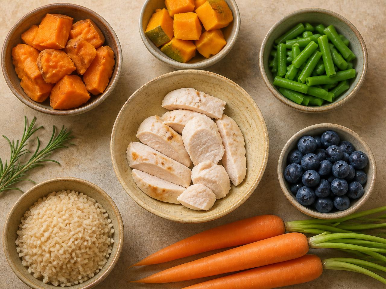Ingredientes naturais para receitas caninas: batata-doce, abóbora, vagem, frango, arroz integral, mirtilos e cenoura